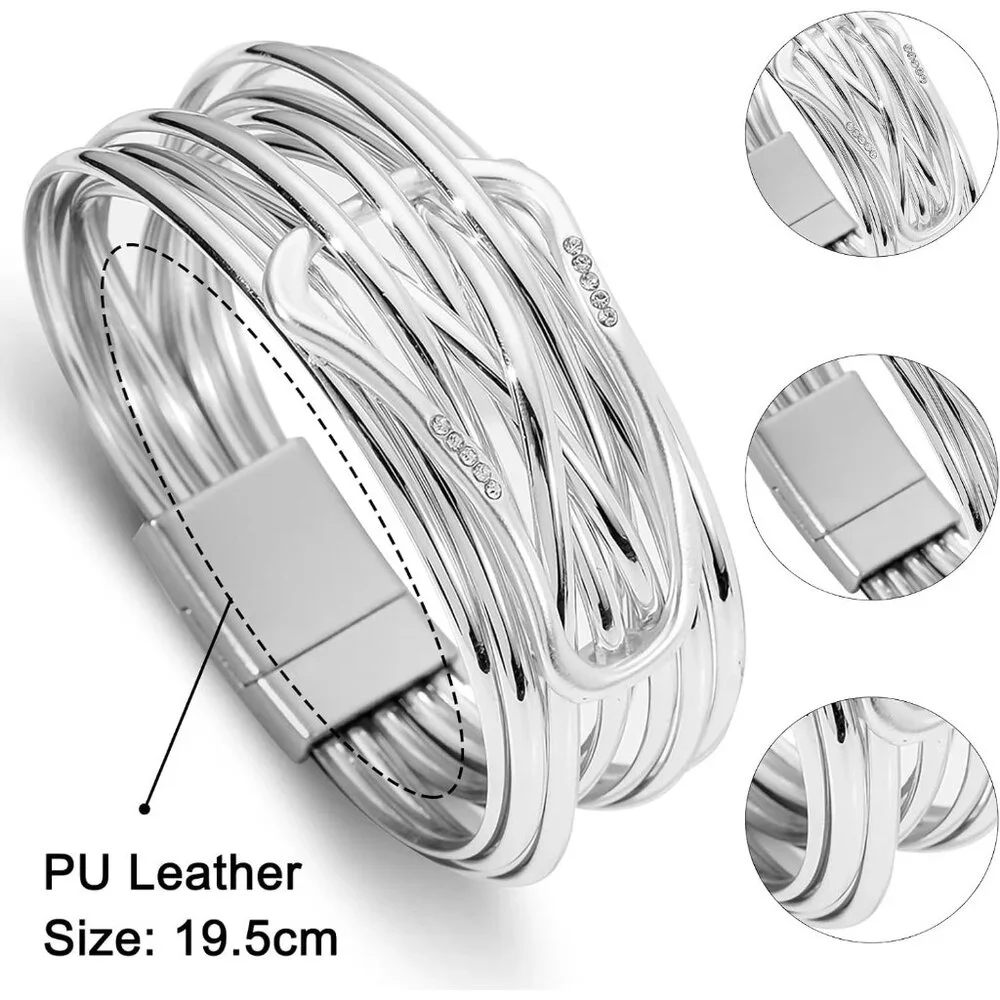 Women's Silver Leather Wrap Multi Layer Pearl Crystal Magnetic Clasp Bracelet - Picture 6 of 6